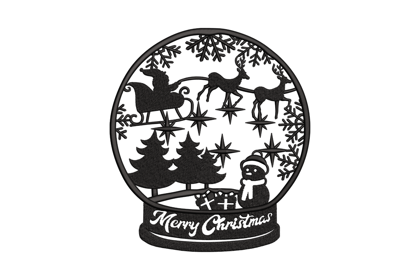 Christmas snow globe silhouette embroidery, single-colour filled circle with negative-space tree scene and flat base.