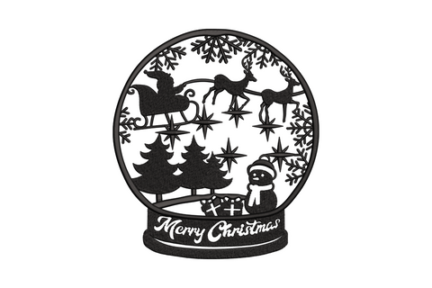 Christmas snow globe silhouette embroidery, single-colour filled circle with negative-space tree scene and flat base.