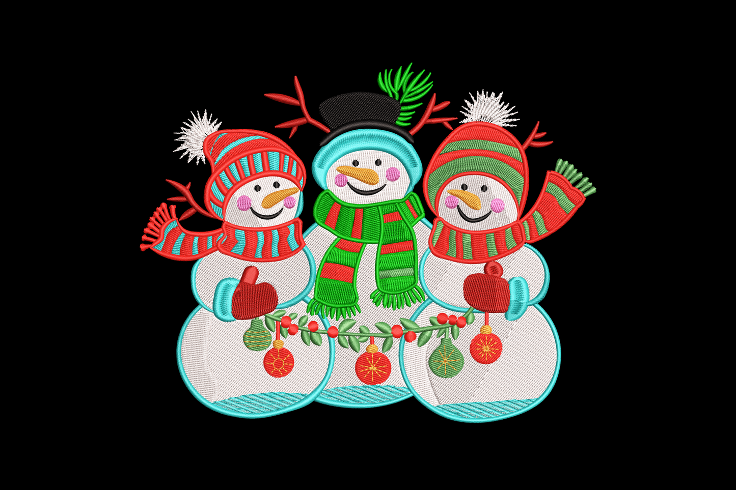 Christmas snowman trio embroidery design, three snowmen with scarves and hats in 9 colours, wide holiday group scene for sweatshirts and blankets