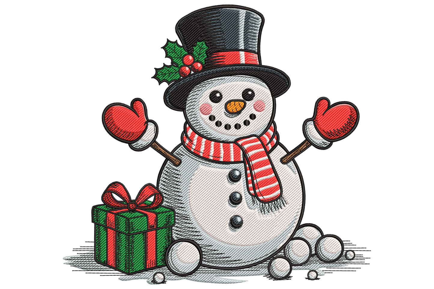 Cheerful cartoon christmas snowman holding wrapped red gift box with gold ribbon bow, black top hat, striped scarf, orange carrot nose, winter holiday machine embroidery design on light background.