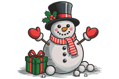 Cheerful cartoon christmas snowman holding wrapped red gift box with gold ribbon bow, black top hat, striped scarf, orange carrot nose, winter holiday machine embroidery design on light background.