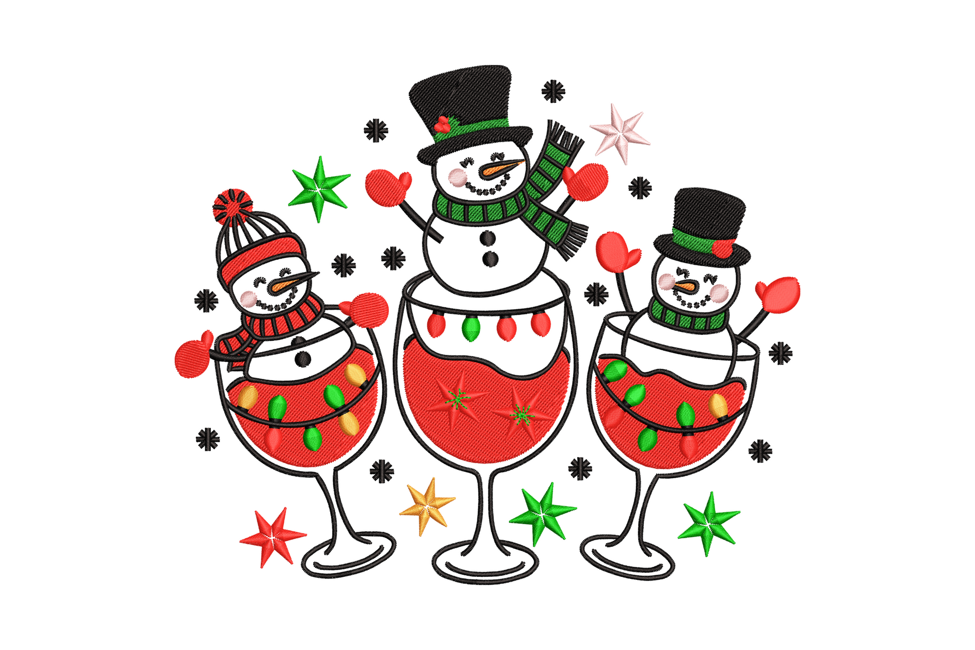 Christmas snowmen sharing a wine glass machine embroidery design, two snowmen with scarves and carrot noses, holiday stitched pattern