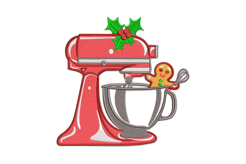 Christmas stand mixer embroidery: bright red mixer, silver bowl, gingerbread man with whisk, holly sprig on top.