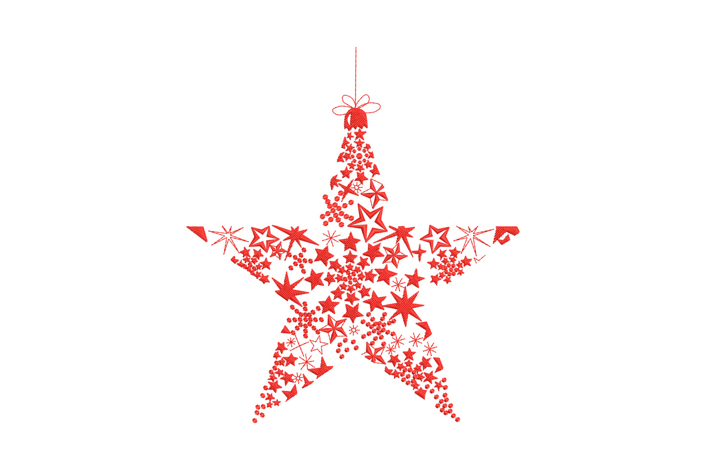 Red christmas star ornament embroidery with smaller stars and bauble dots inside the outline hanging from a bow.