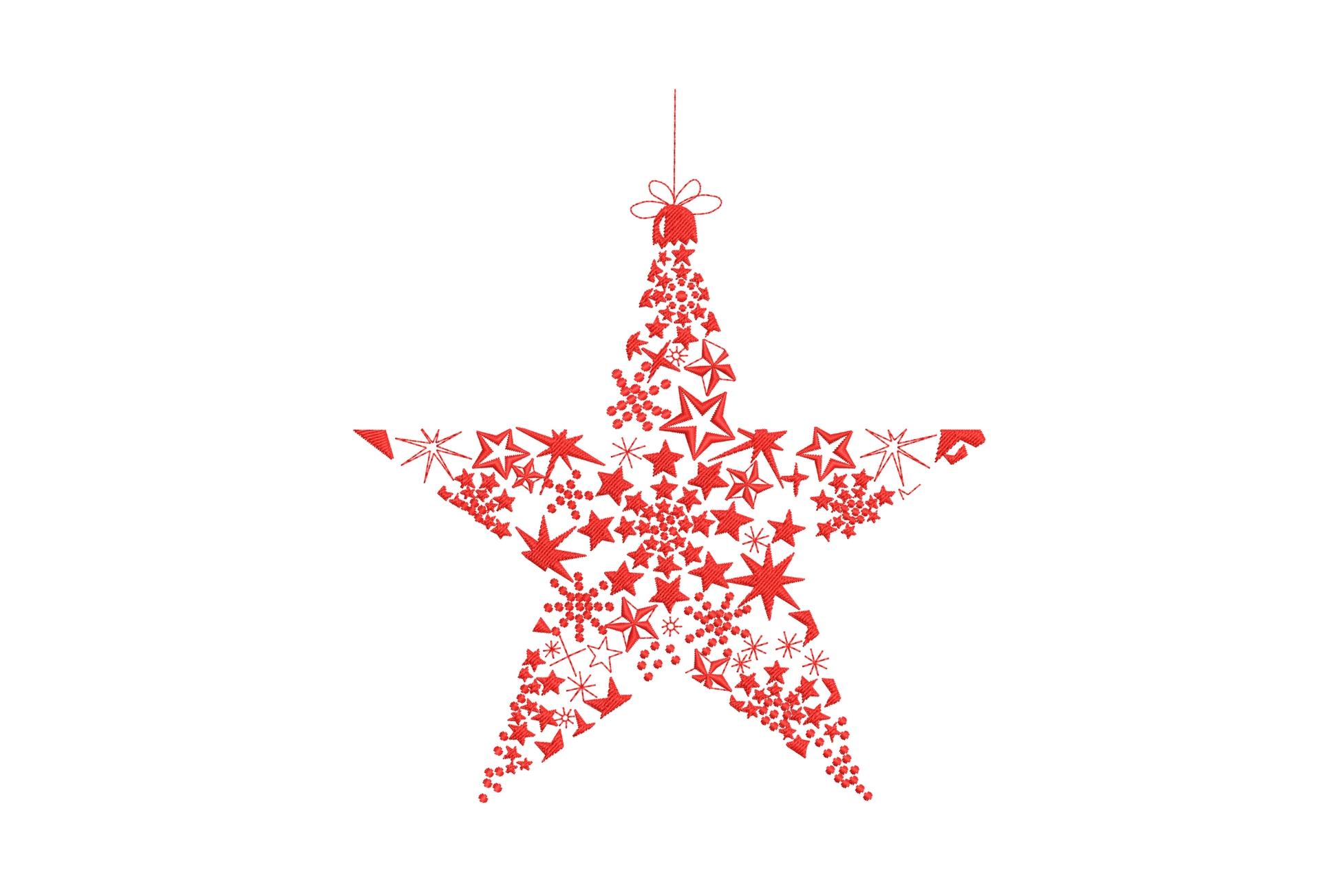 Red christmas star ornament embroidery with smaller stars and bauble dots inside the outline hanging from a bow.