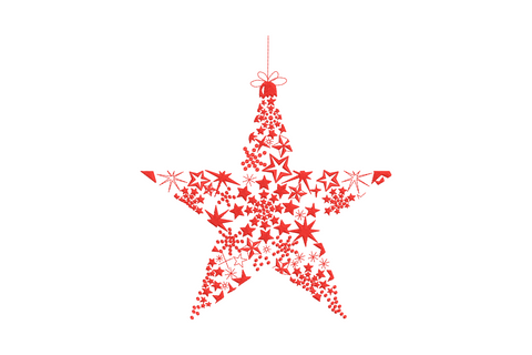 Red christmas star ornament embroidery with smaller stars and bauble dots inside the outline hanging from a bow.