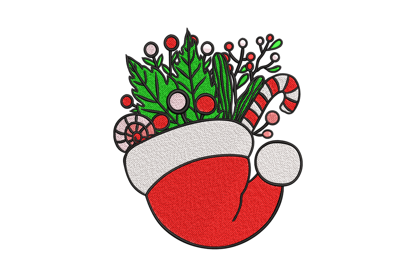 Red Christmas stocking with white cuff overflowing with holly berries candy canes and greenery embroidery design