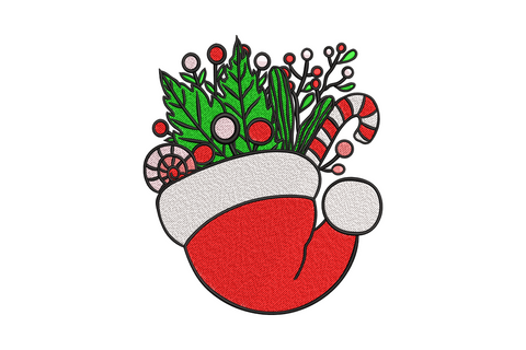 Red Christmas stocking with white cuff overflowing with holly berries candy canes and greenery embroidery design