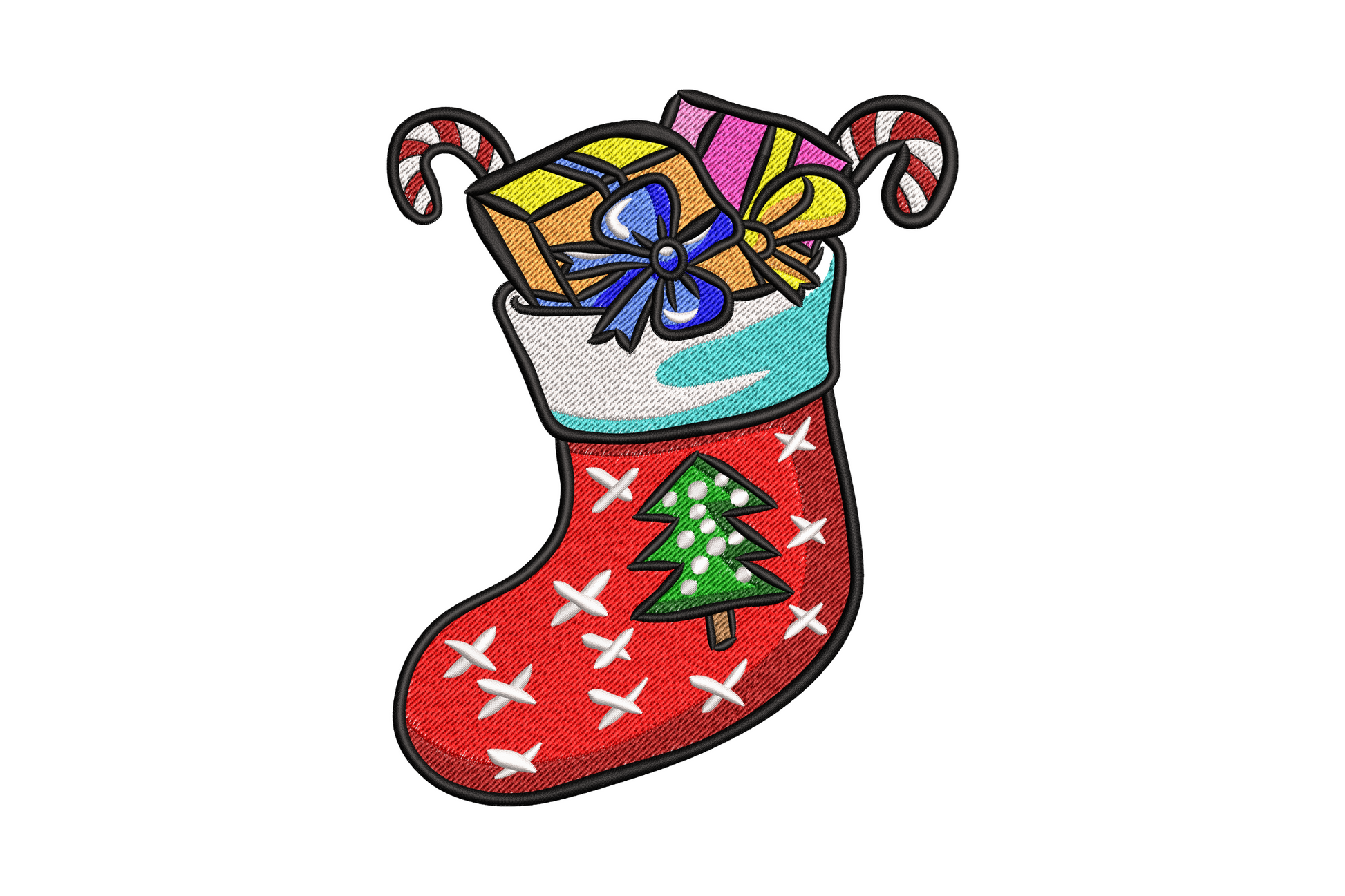 Christmas stocking with wrapped gifts, candy cane, and star topper embroidery design, striped cuff, 14 colours, 5 sizes