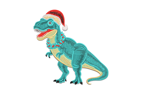 Christmas T-Rex dinosaur embroidery wearing Santa hat with arms raised, detailed scale fills in green and 8 colours, funny festive dinosaur character design