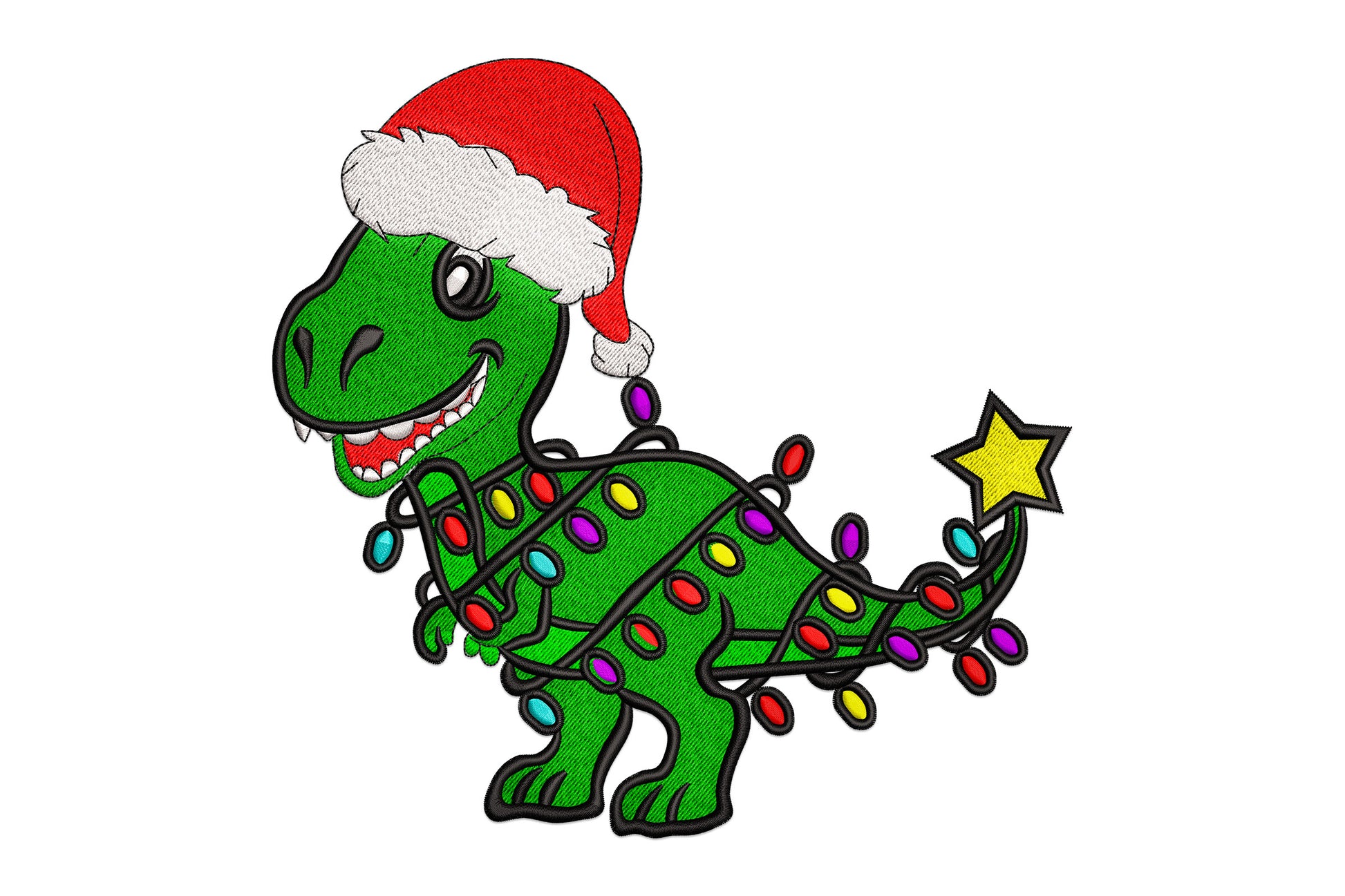 Christmas T-Rex embroidery design, cartoon dinosaur in a red Santa hat wrapped in multicolour fairy lights with a star at the tail tip.