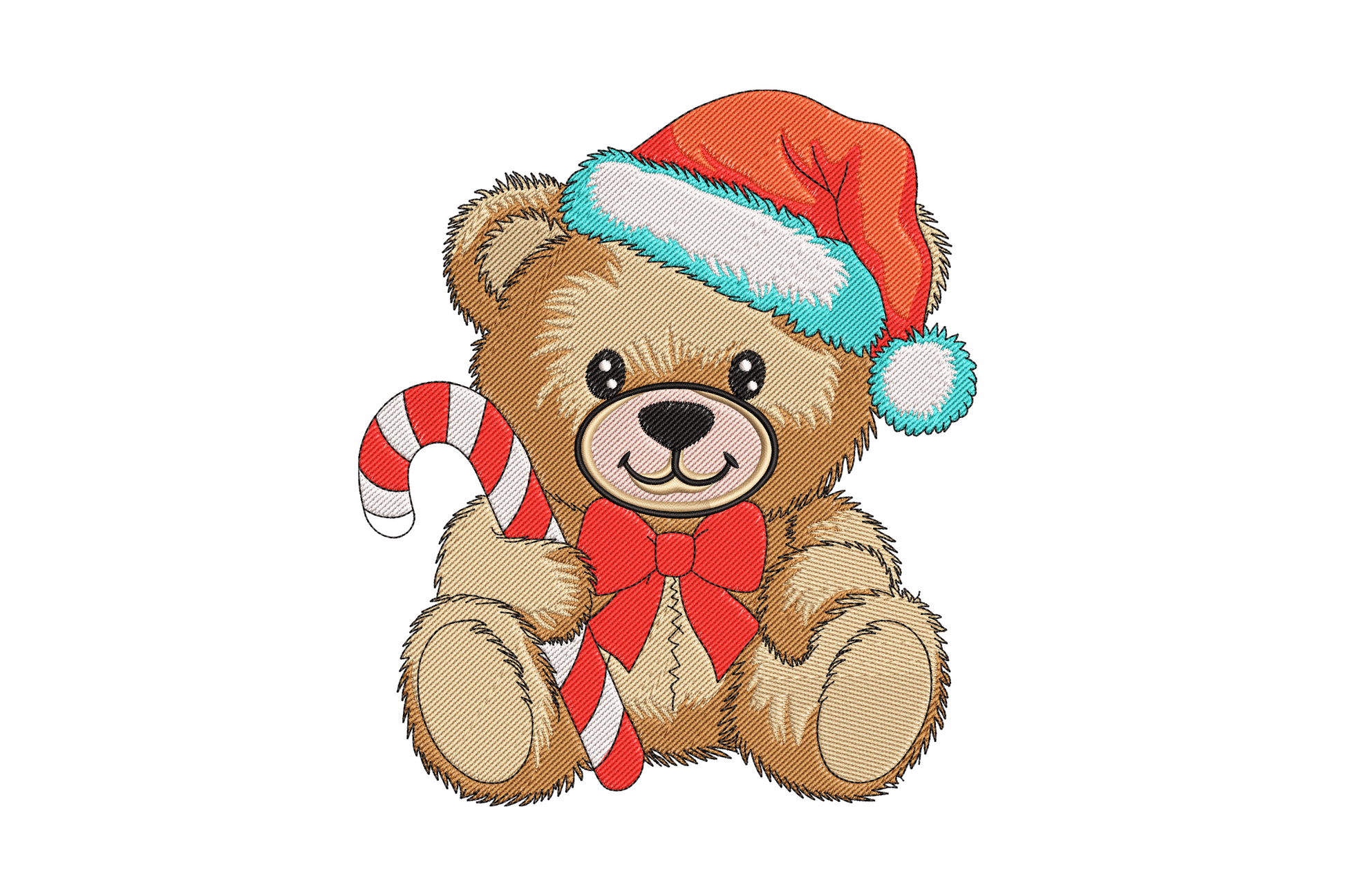 Christmas teddy bear embroidery design, seated bear in Santa hat with candy cane, cross-hatch sketchy fill, 10 colors