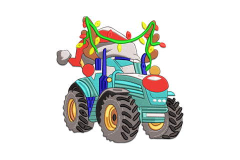 Christmas tractor embroidery design with teal body, gold wheels, colourful string lights over the cab and a red santa hat on the exhaust.