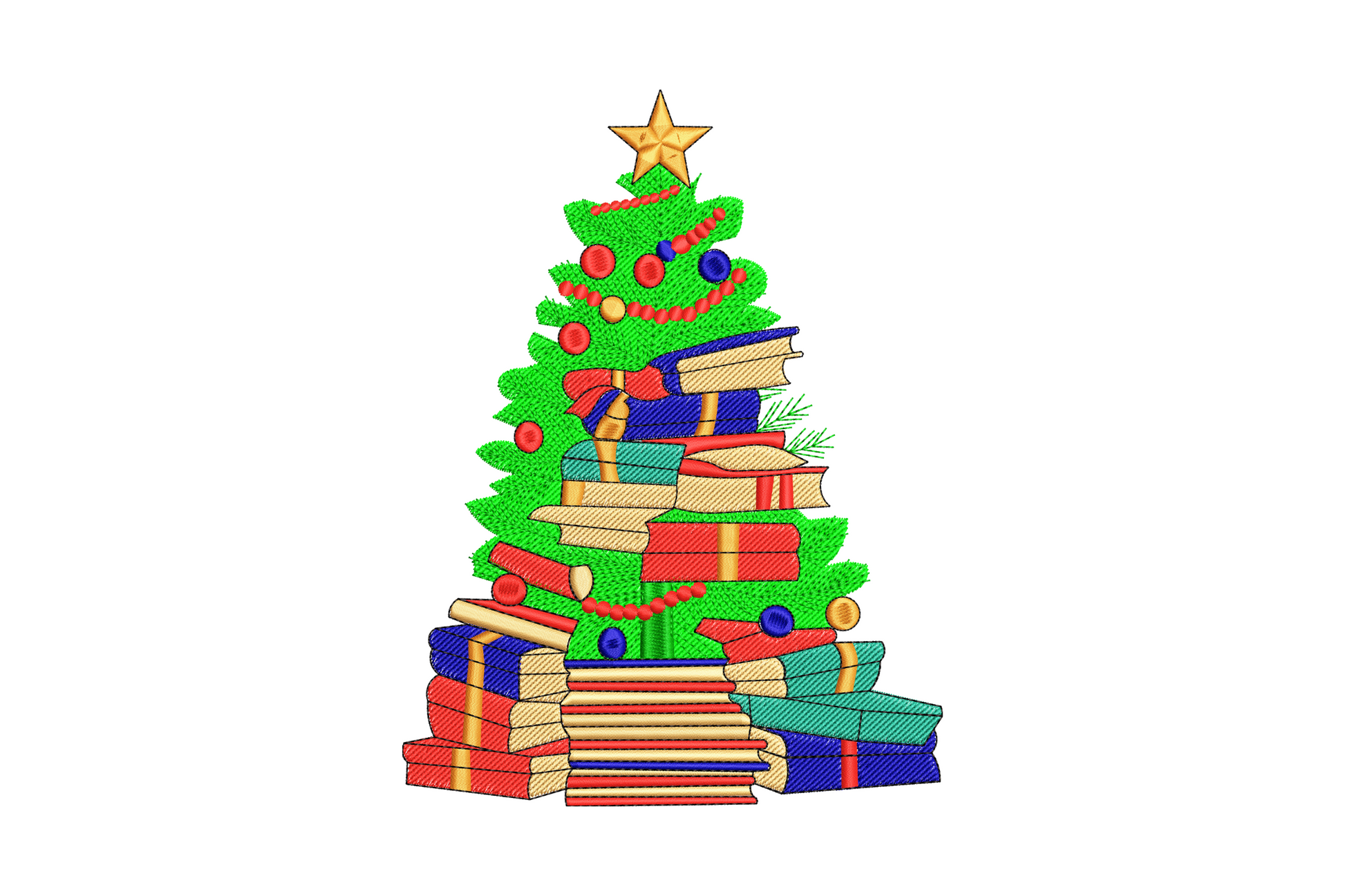 Christmas tree made of stacked colorful books with gold star, red ornaments and pine branch details in eight colors