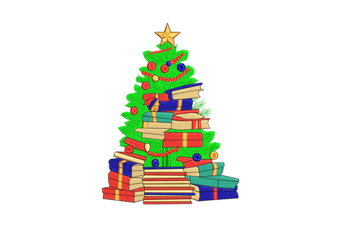 Christmas tree made of stacked colorful books with gold star, red ornaments and pine branch details in eight colors