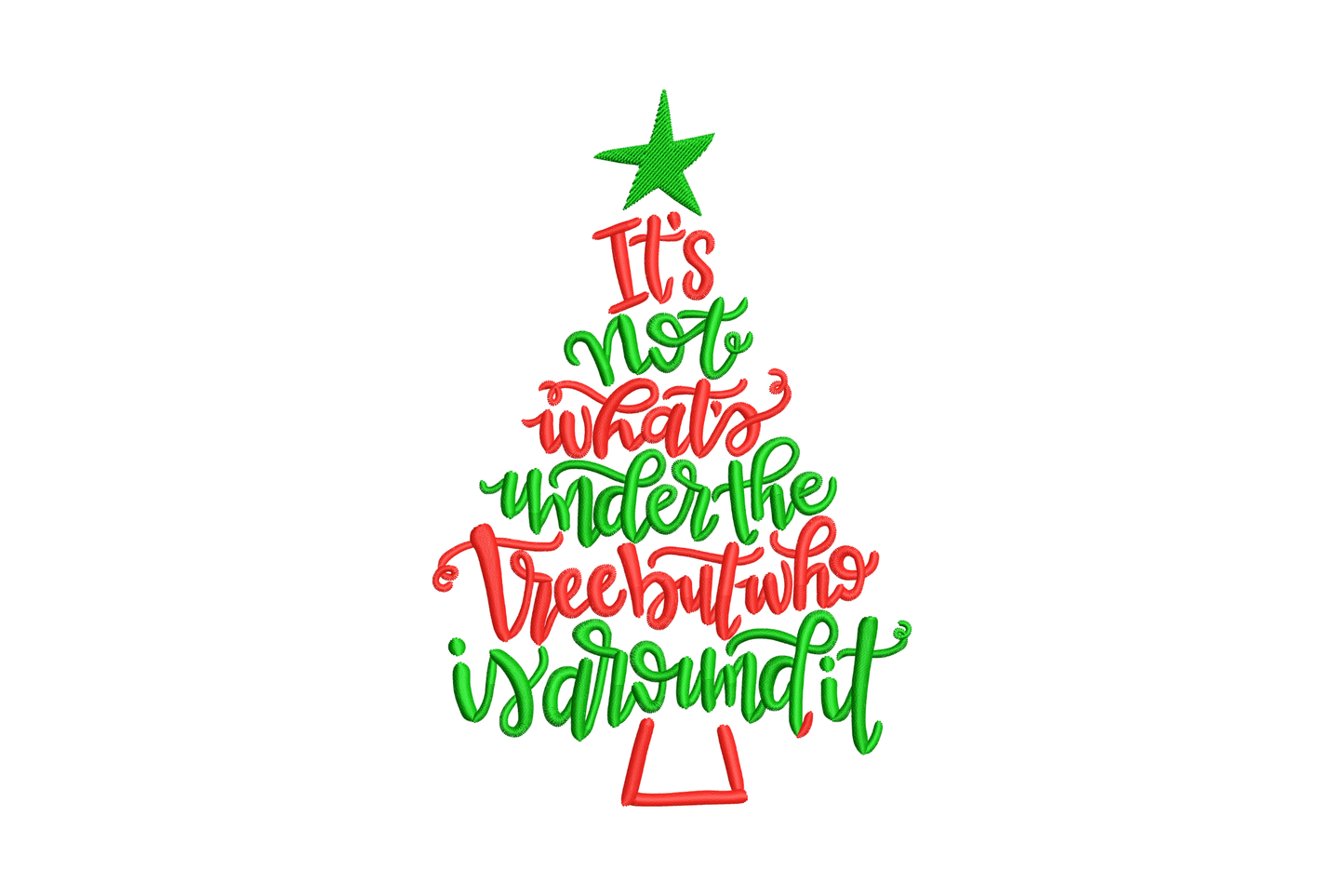 Christmas tree quote embroidery design, deep evergreen tree silhouette with walnut brown script quote on oat linen apron.
