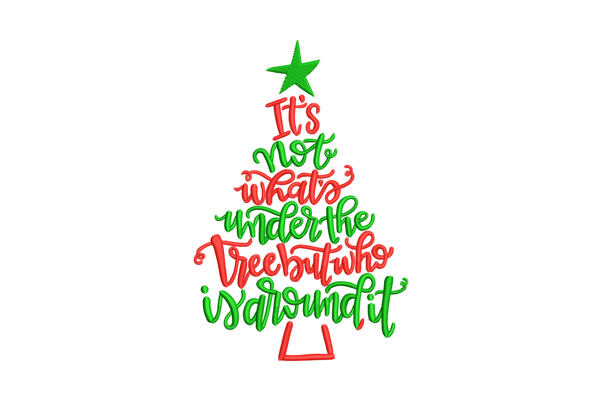 Christmas tree quote embroidery design, deep evergreen tree silhouette with walnut brown script quote on oat linen apron.