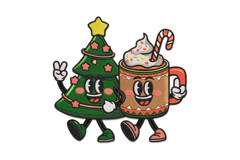 Christmas tree and hot cocoa mug cartoon embroidery, cartoon eyes and legs, cream pile with candy cane on mug, gold star on tree