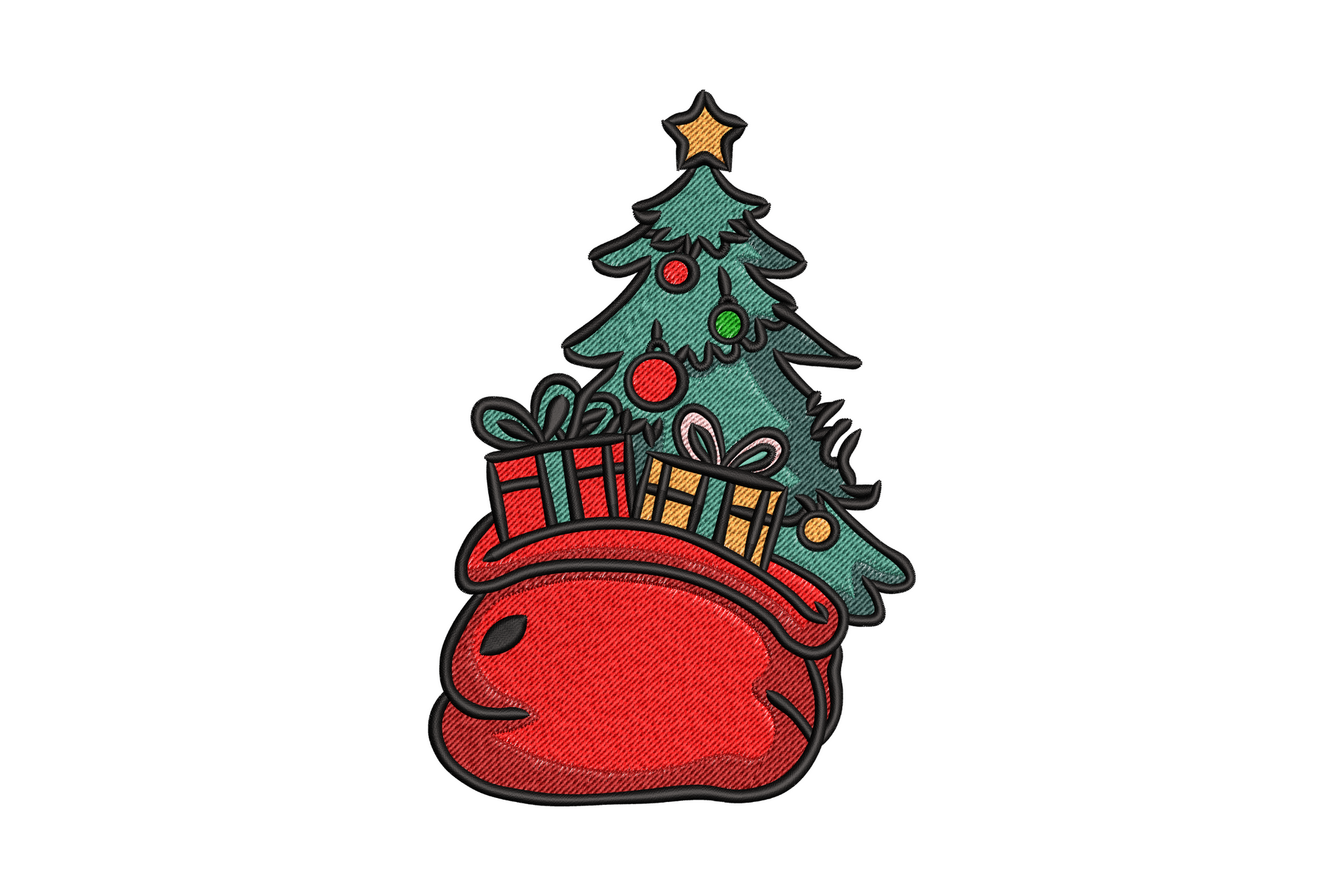 Christmas tree in Santa sack embroidery design, triangular tree with ornament dots poking out a tied red sack, 5 sizes, 8 colour threads