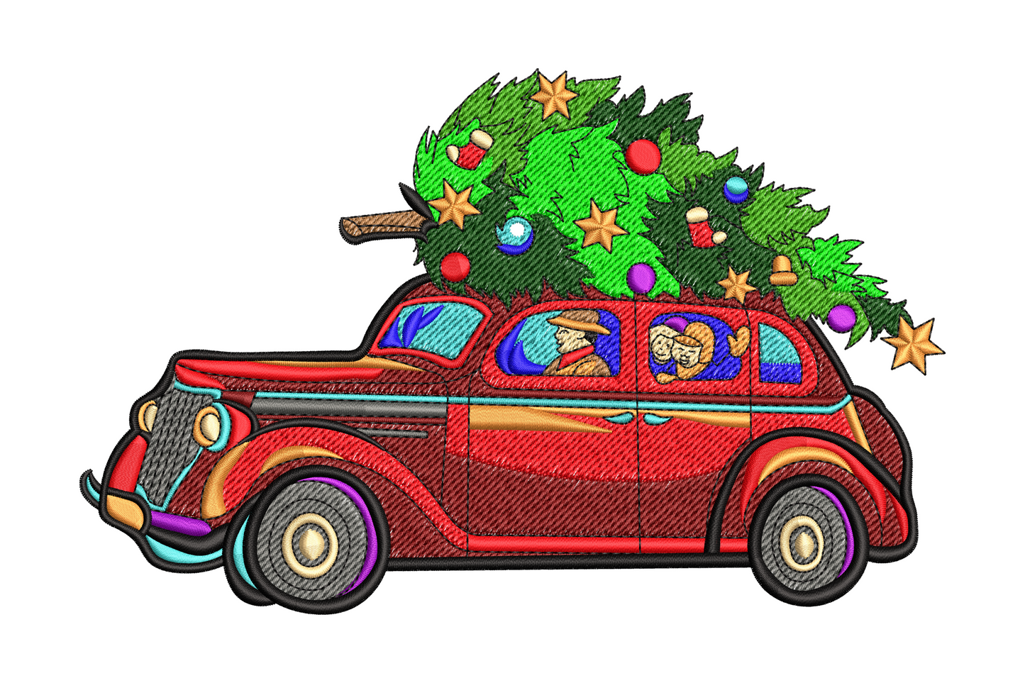 Vintage red car with christmas tree tied to the roof, teal trim and orange star ornaments, two silhouette passengers inside.