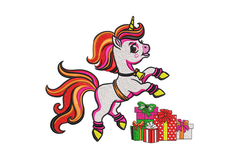 Christmas unicorn embroidery, red Santa hat, pastel mane with gold ornaments and stars, white body.