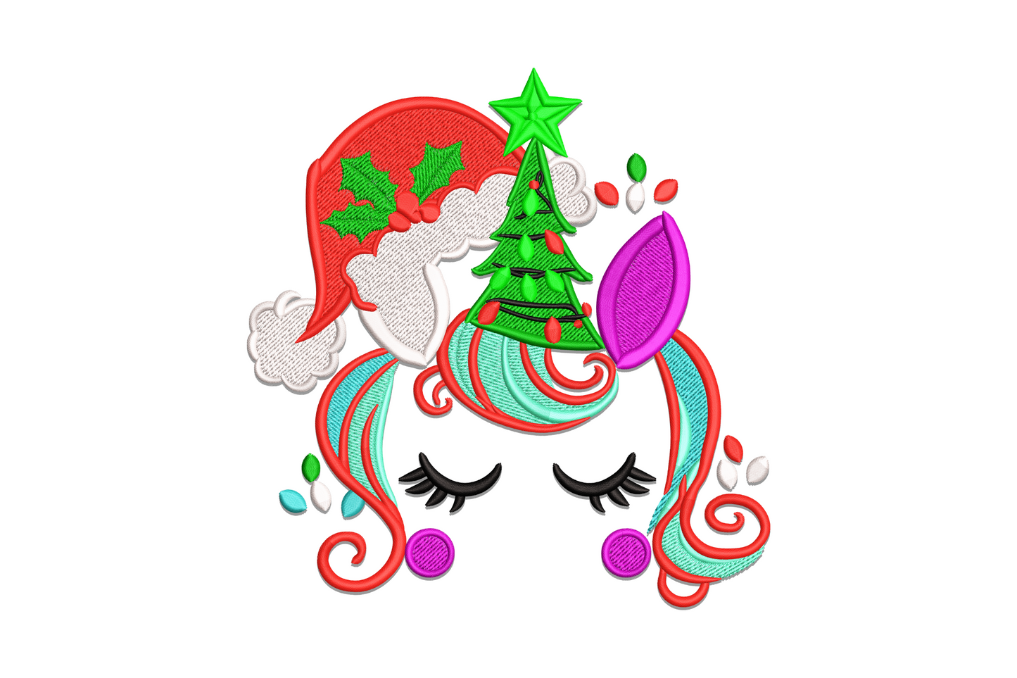 Christmas unicorn face embroidery design with Santa hat, Christmas tree horn, teal swirling mane, red curl tendrils, purple horn and round ornament balls