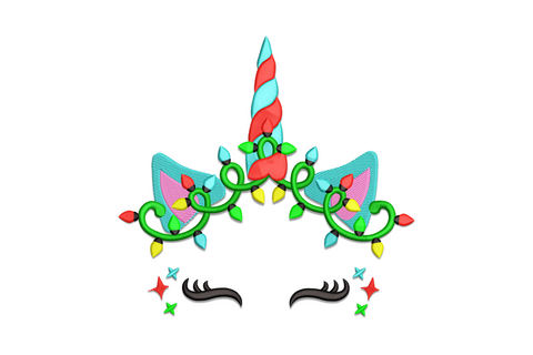 Christmas unicorn headband embroidery design with ivory spiral horn, dark green holly, red berries and a festive bow with white star accents.