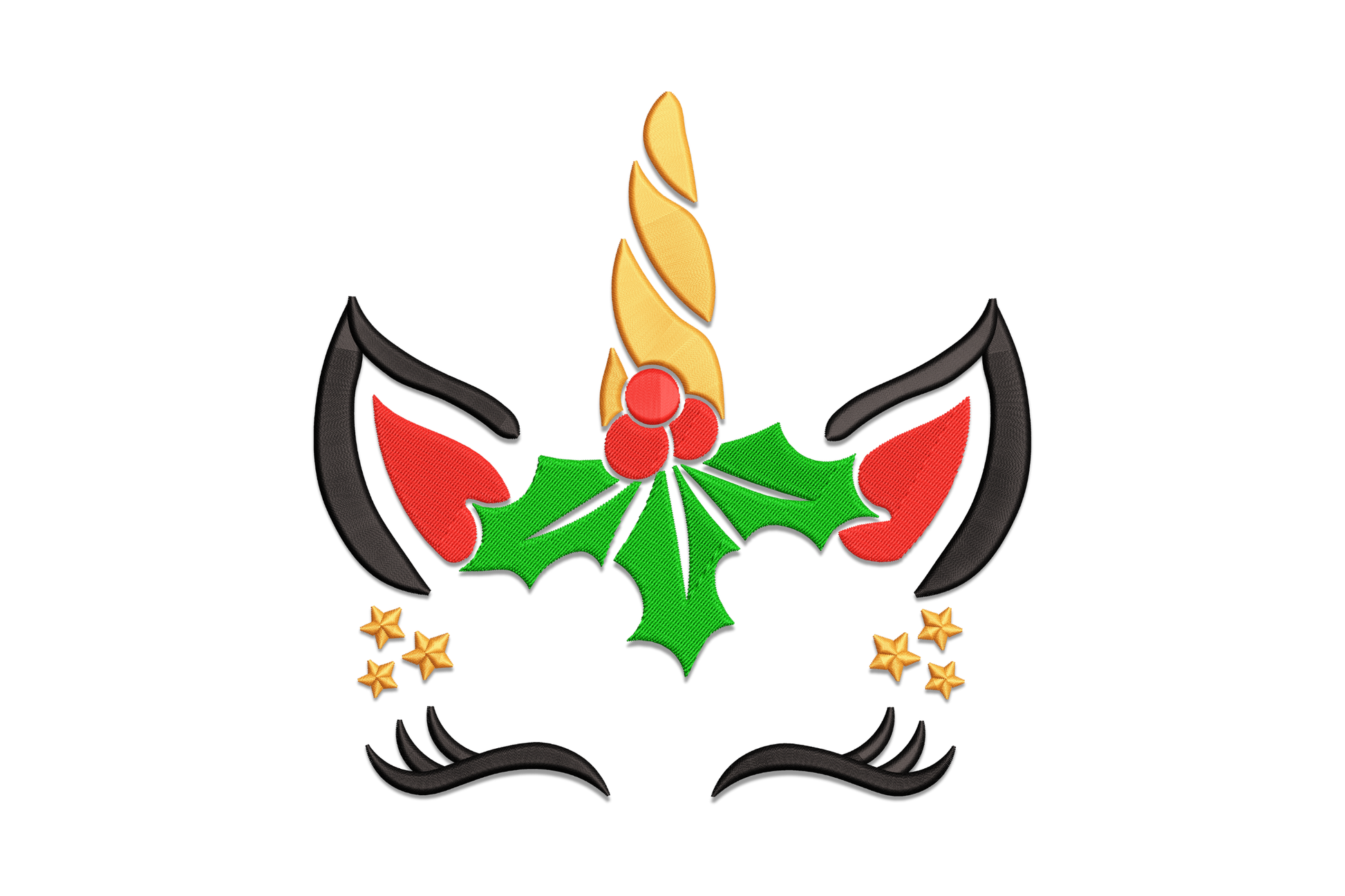 Christmas unicorn face embroidery design with orange twisted horn, holly berries, red ear tufts, orange stars, and dramatic black lashes