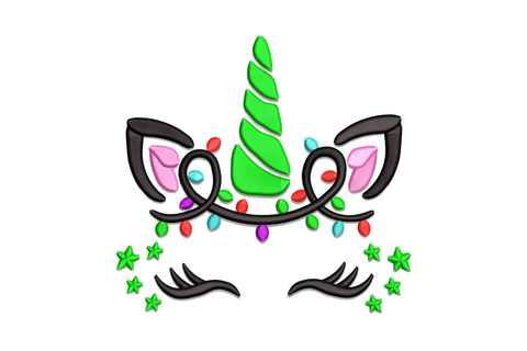 Christmas unicorn face embroidery design with string lights in red aqua and purple draped across the brow, green spiral horn, pink ears, and small star accents on white background