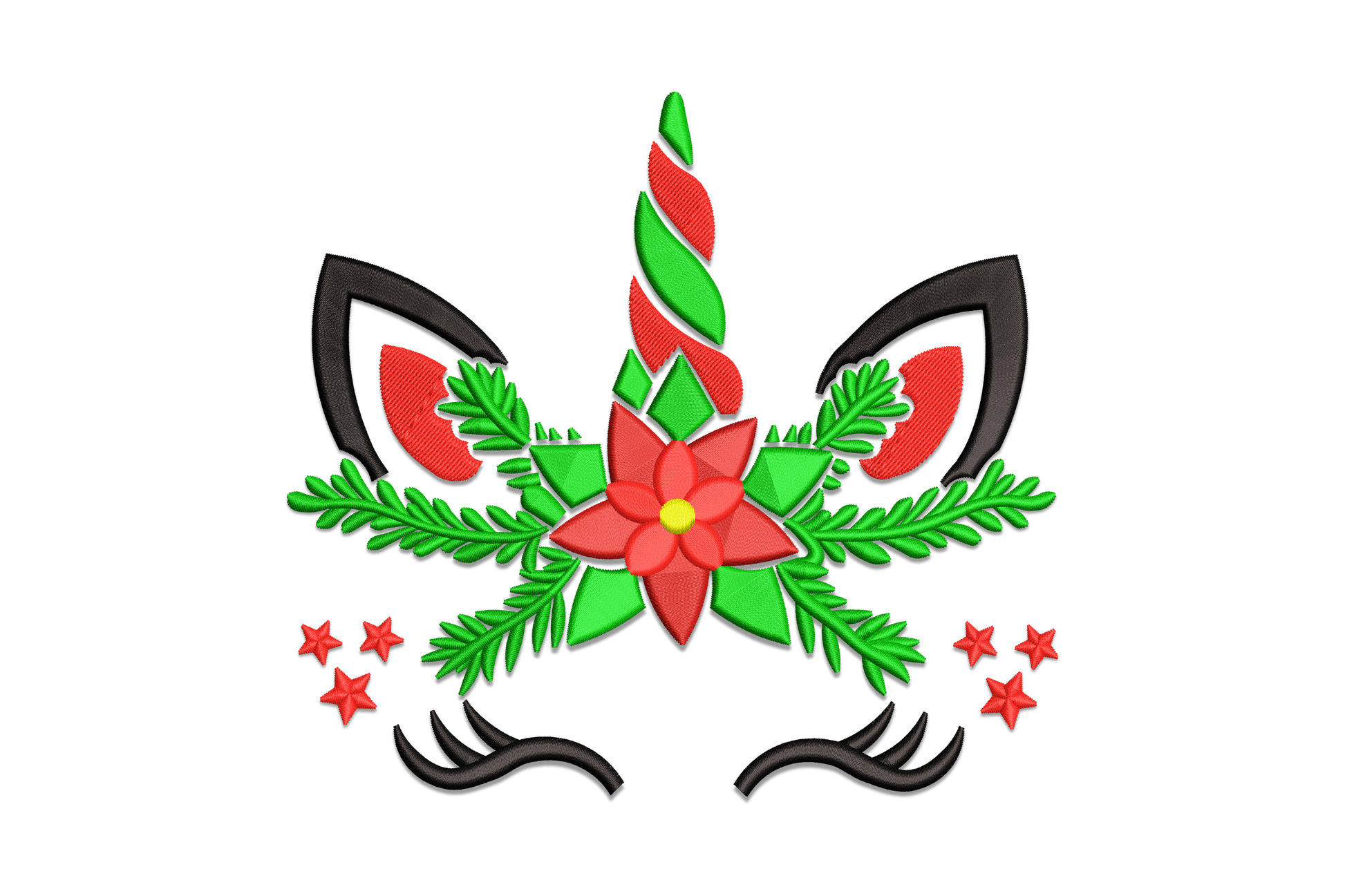Christmas unicorn face embroidery design with large poinsettia bloom at centre, sweeping dark green fern fronds, red-and-green striped horn, small red star accents at sides, on white background