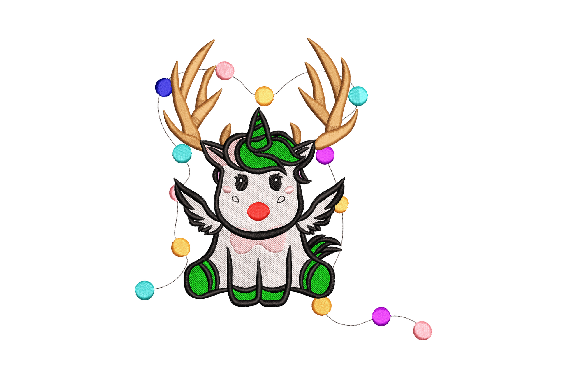 Christmas unicorn reindeer embroidery design: kawaii character with antlers, green horn, red nose and holiday bulbs
