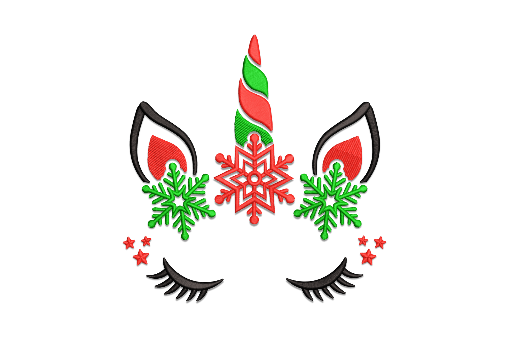 Christmas unicorn snowflake embroidery design with candy cane horn, large red snowflake, two green flanking snowflakes, long black lashes and red stars