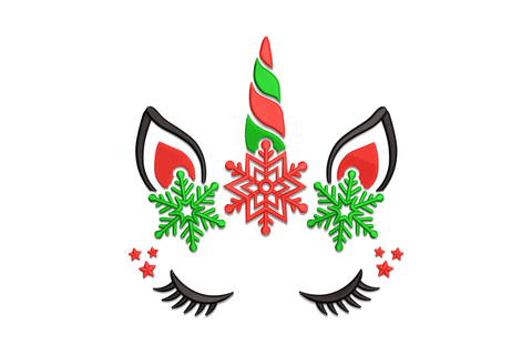 Christmas unicorn snowflake embroidery design with candy cane horn, large red snowflake, two green flanking snowflakes, long black lashes and red stars