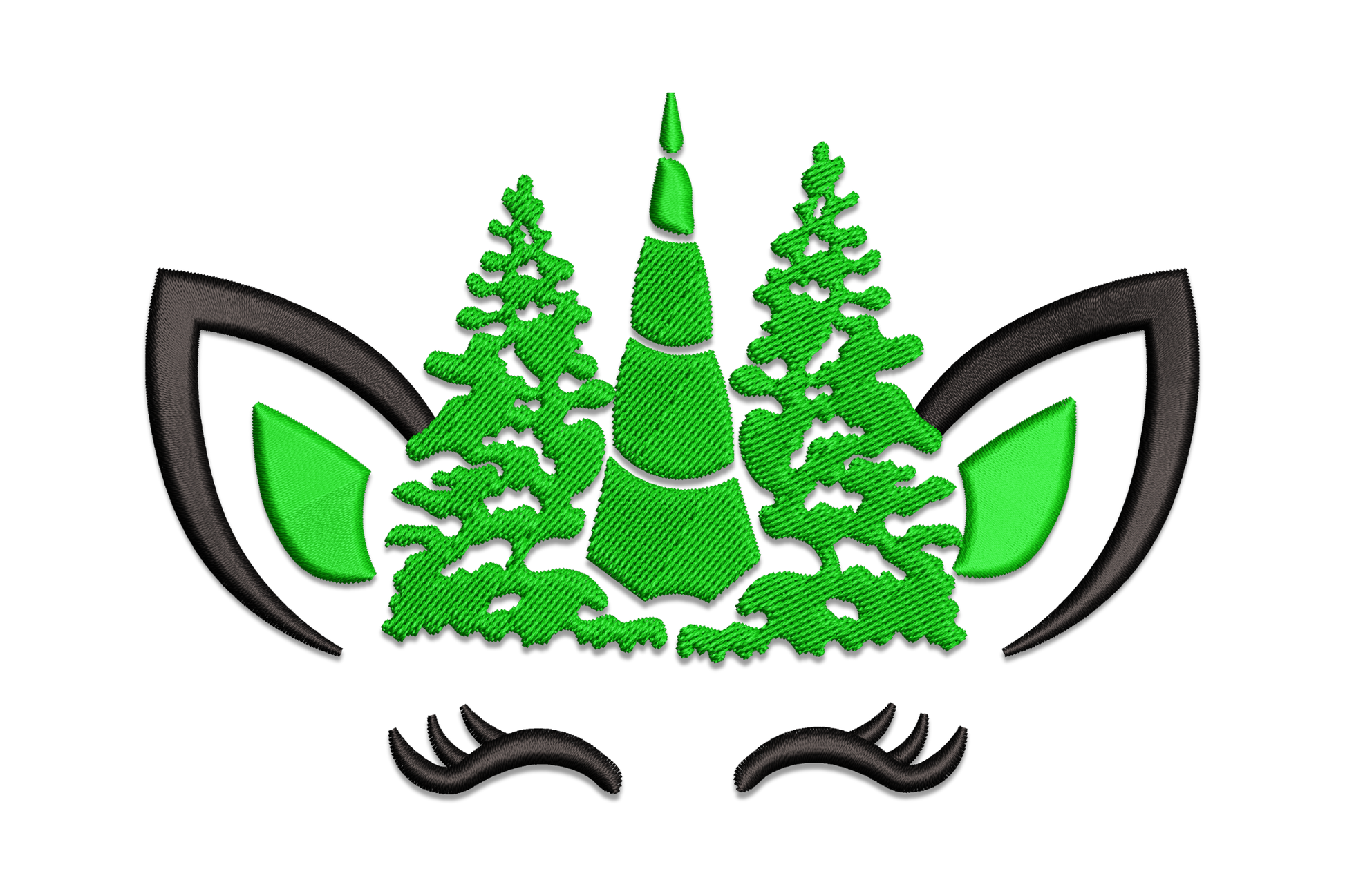 Christmas unicorn face embroidery design with three pine trees replacing the horn in dark green, bold black outline face and lashes, two-colour graphic holiday fantasy design on white background