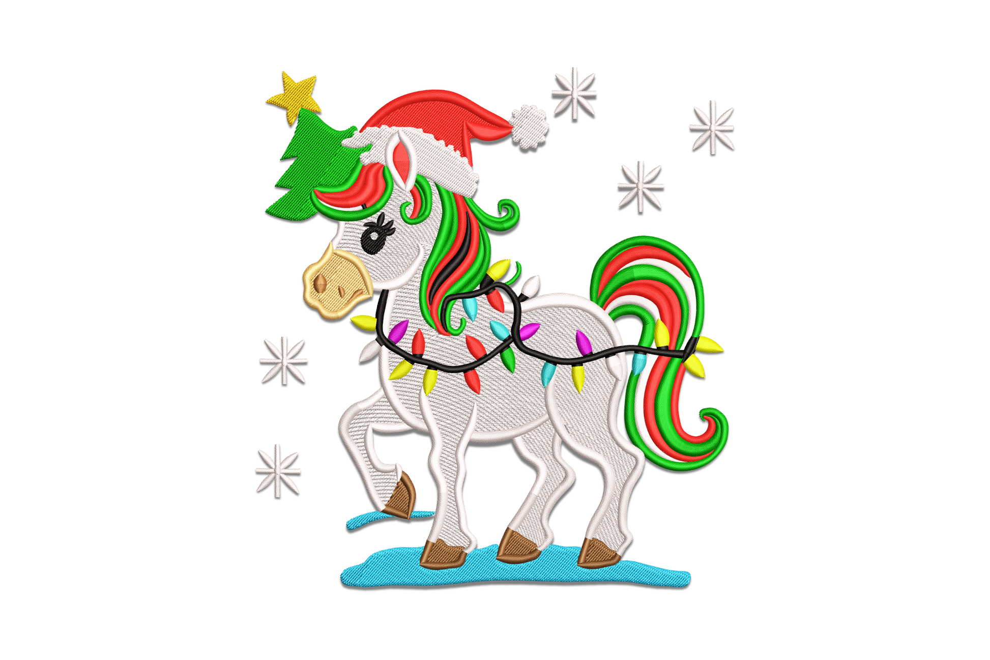 Christmas unicorn embroidery design wearing a red santa hat, gold spiral horn, pink-streaked mane, in 12-colour storybook illustration style.