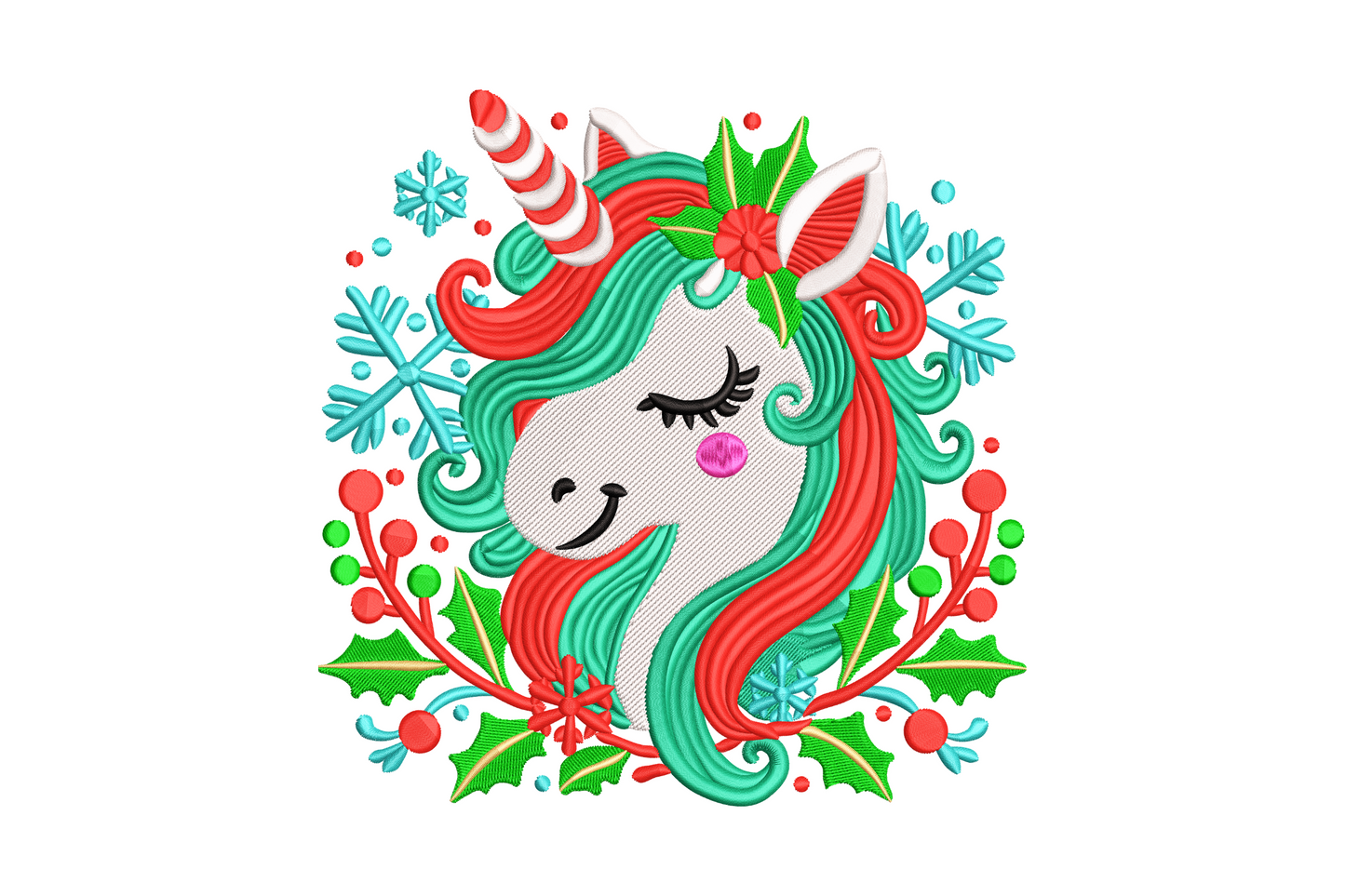 Christmas unicorn wreath embroidery design, teal and red mane, holly berries and ice-blue snowflakes, 8 colors