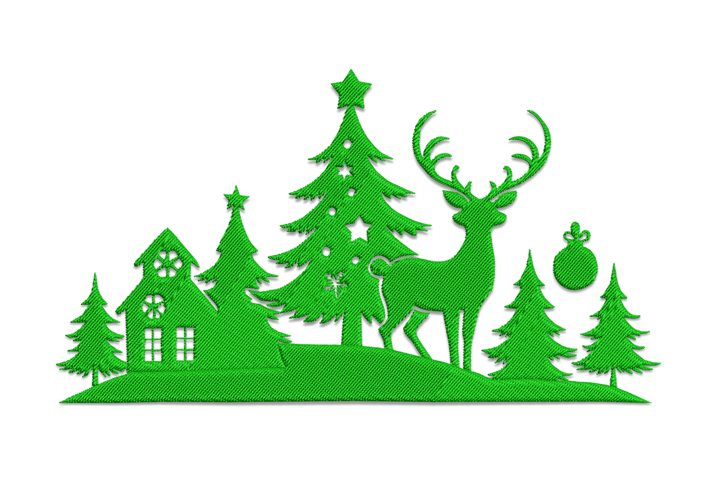 Panoramic Christmas village silhouette embroidery with stag, church, pine trees, and ornament ball in dark green