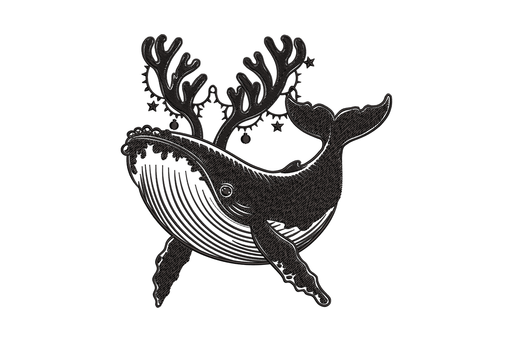 Sketchy black christmas whale embroidery with leaping body branching reindeer antlers and dangling ornament strings.
