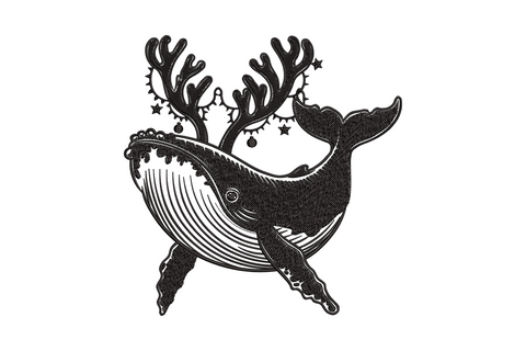 Sketchy black christmas whale embroidery with leaping body branching reindeer antlers and dangling ornament strings.