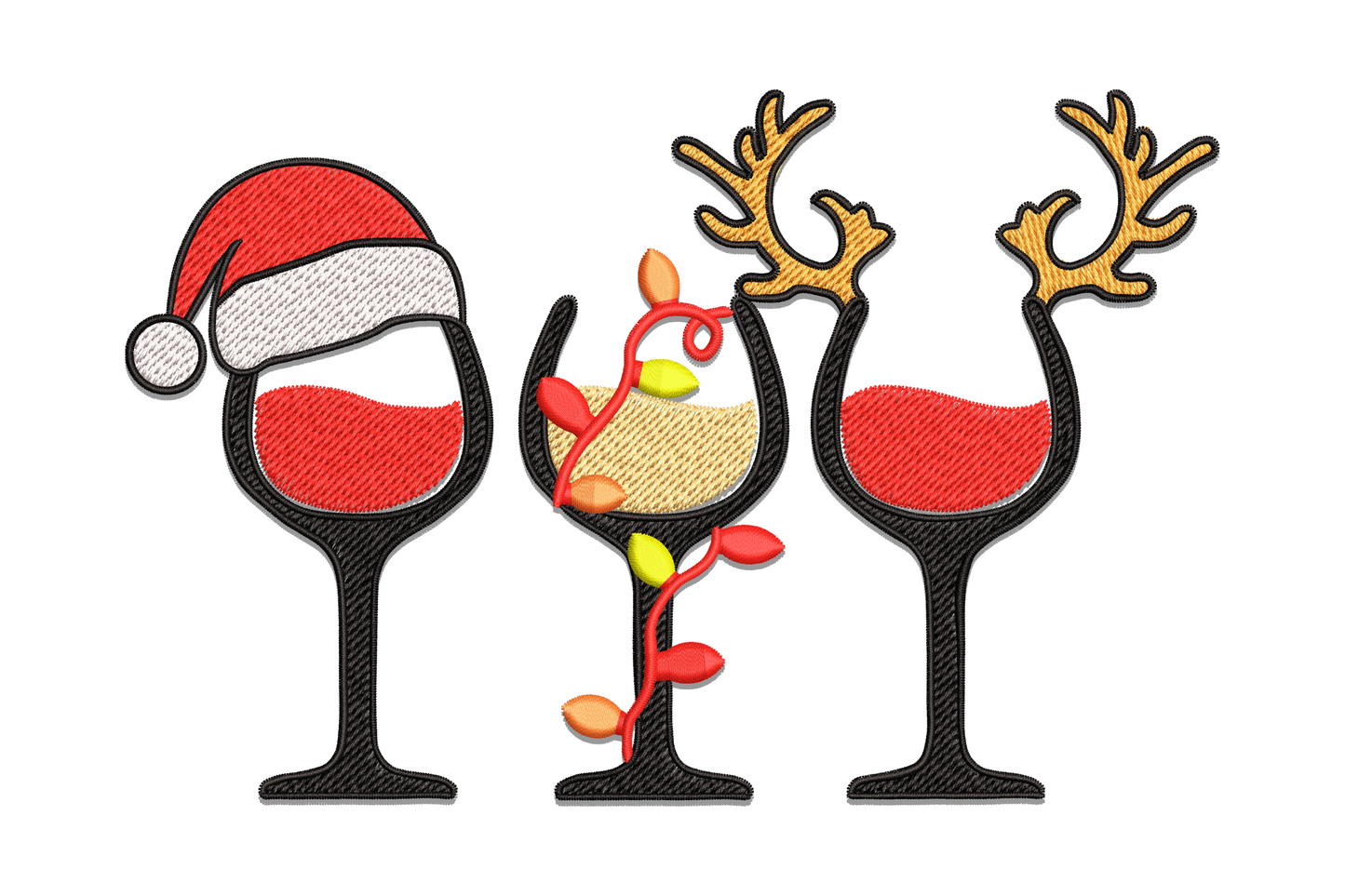 Three Christmas wine glasses: Santa hat on left, bird with string lights on centre stem, reindeer antlers on right.