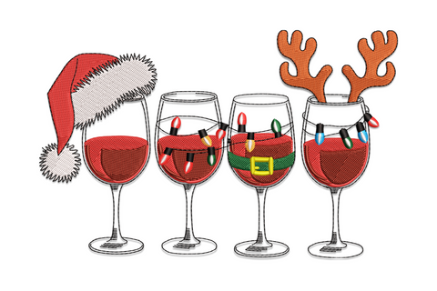 Christmas wine glasses with lights embroidery design showing four glasses with Santa hat, reindeer antlers and string lights.