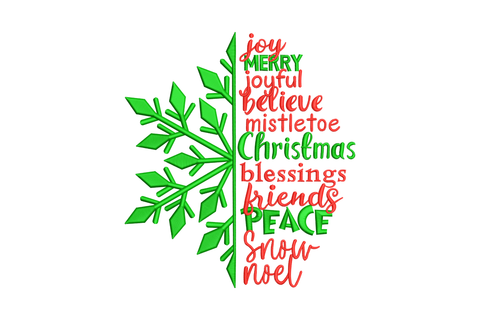 Christmas word art embroidery design with holiday words arranged into a snowflake shape, silver-grey and white on navy hoodie fabric.