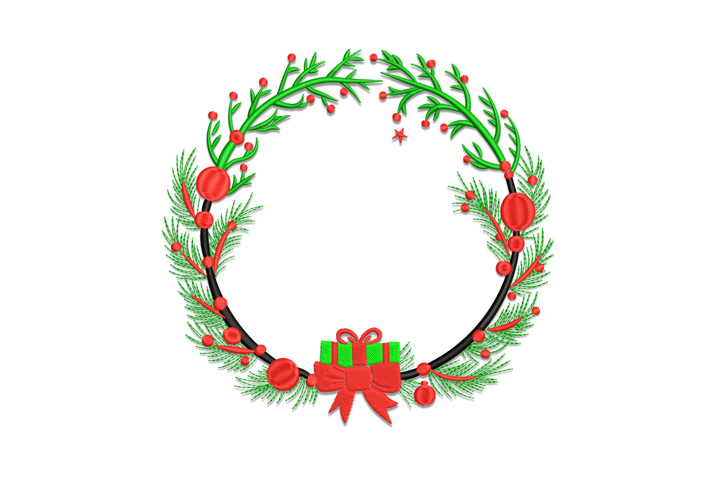 Christmas wreath embroidery, dark green pine, red baubles and holly, red bow at base with small green gift box on top.