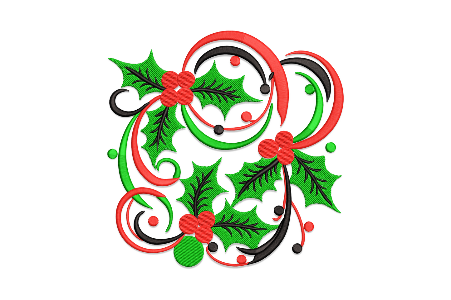 Christmas holly swirl embroidery design showing paired holly leaves with gold decorative curl and crimson berry cluster on red fabric.