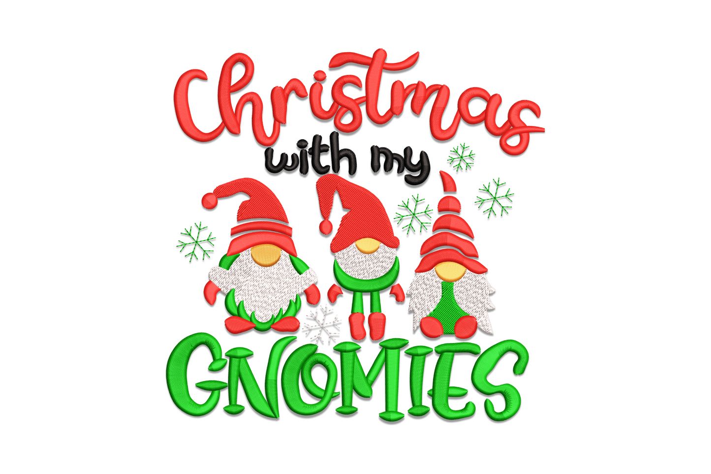Christmas with My Gnomies embroidery design, 3 gnomes in red hats with green GNOMIES lettering, 5 colours on red apron fabric.