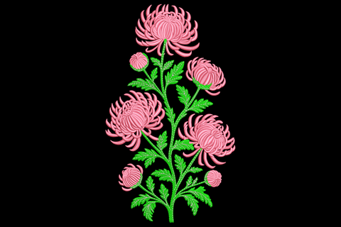 Pink chrysanthemum floral stem embroidery with five layered blooms, lime green leaves and two small unopened buds.
