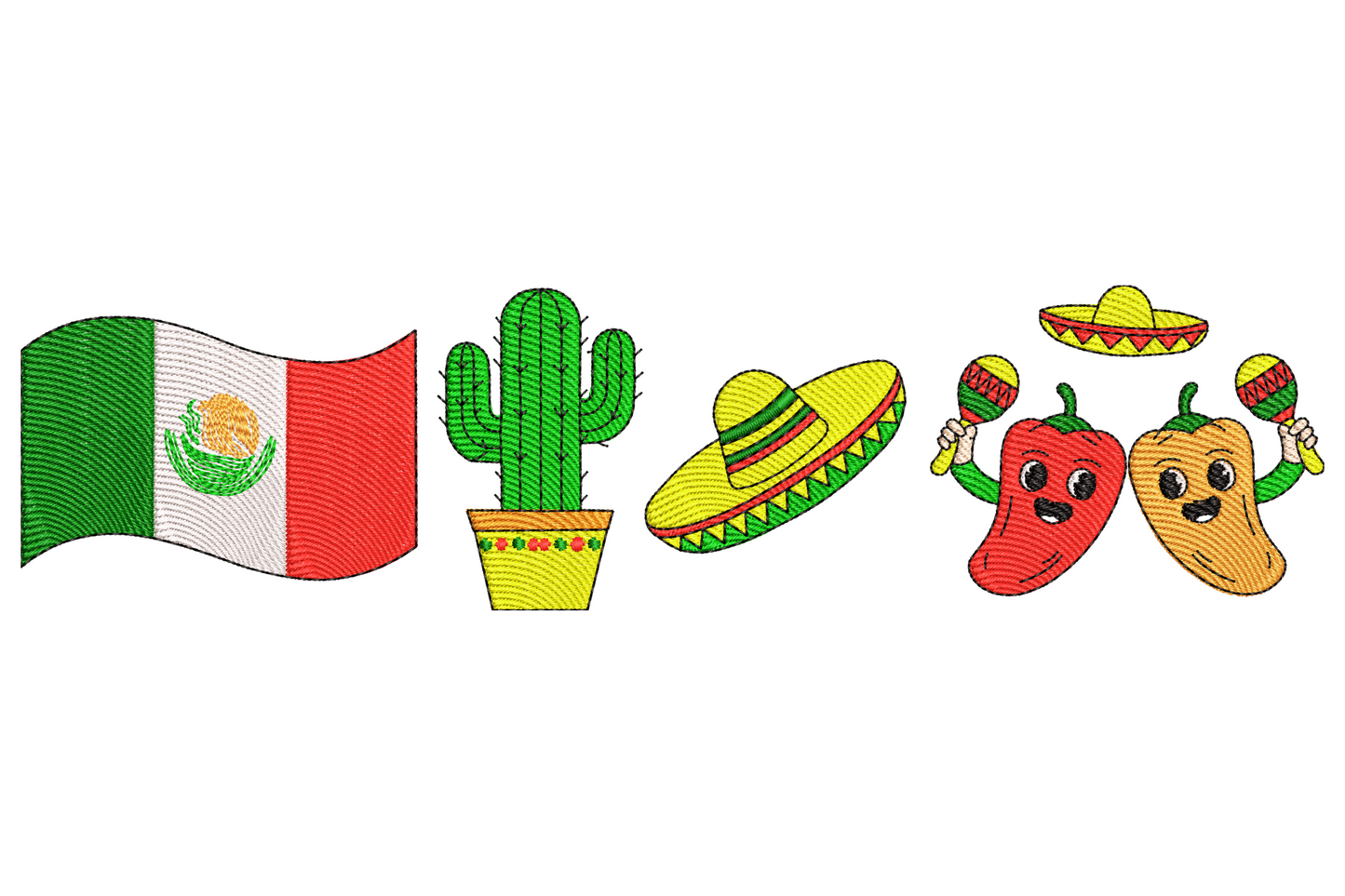 Cinco de Mayo mini icons embroidery design showing four stacked icons -- waving Mexican flag, potted cactus, yellow sombrero, and two cartoon chili peppers in sombreros shaking maracas.