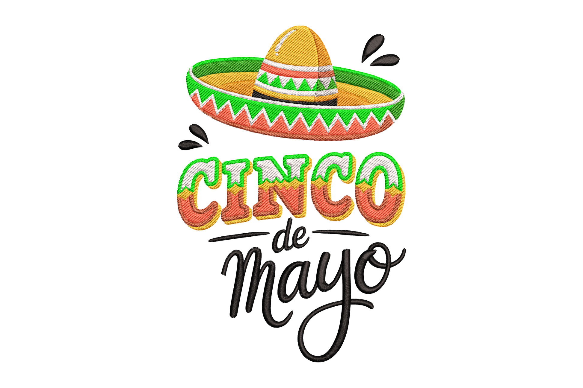 Cinco de Mayo text with a colorful sombrero embroidery design