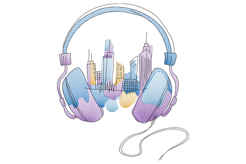 City skyline headphones embroidery design with sketchy skyscrapers rising through lilac over-ear cans, pastel purple blue and peach palette