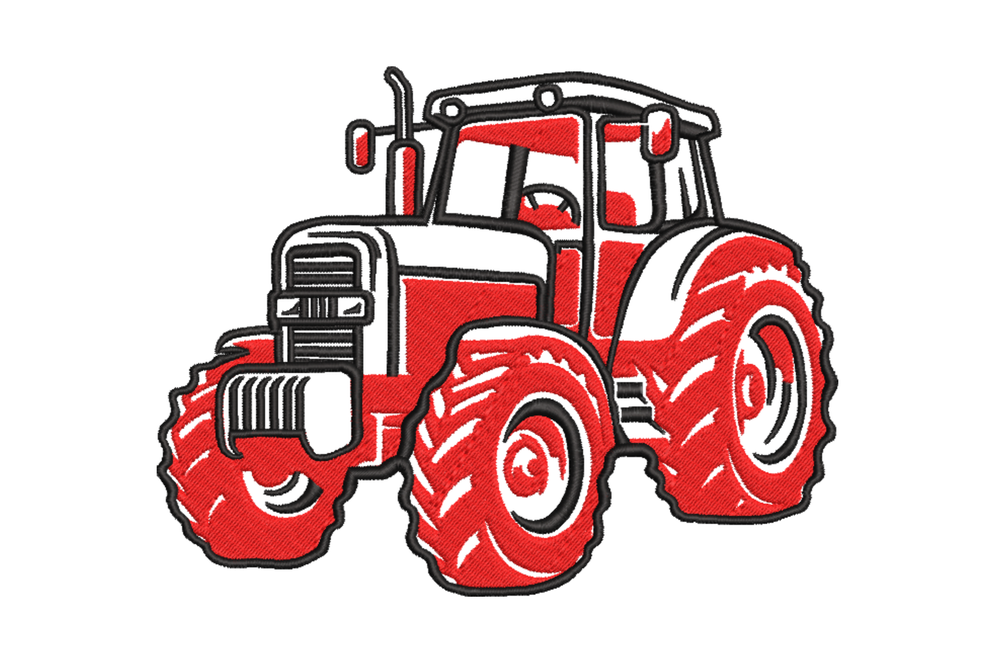 Machine embroidery design of a red agricultural tractor with cab, ribbed grille, and chunky treaded tyres, two-colour red and black fill, 5 sizes